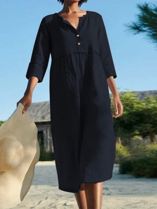 Evelyn Long Sleeve Button Pocket Dress