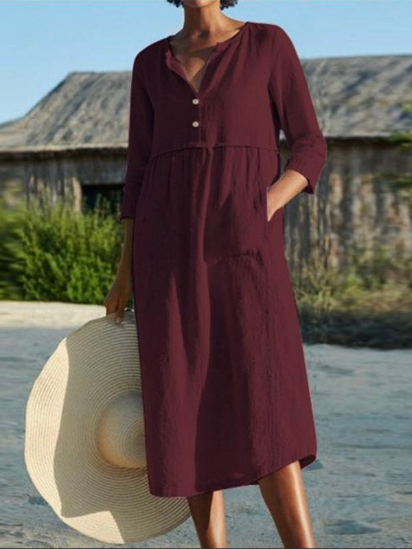 Evelyn Long Sleeve Button Pocket Dress
