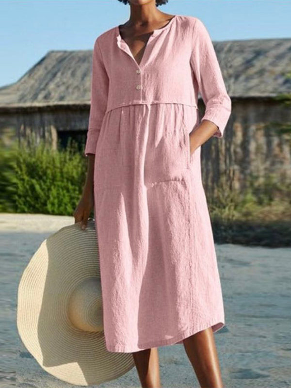 Evelyn Long Sleeve Button Pocket Dress