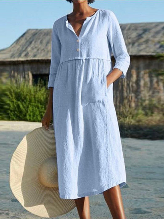 Evelyn Long Sleeve Button Pocket Dress